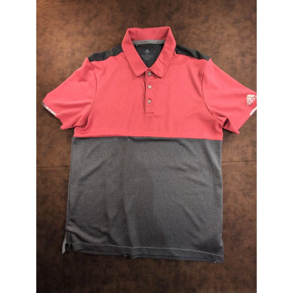 Adidas Climachill Mens Polo Shirt Medium Red Grey Colorblock Athletic‎ Golf Top